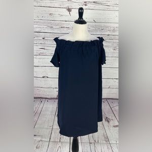 Pleione Navy Blue Off The Shoulder Ruffle Short Dress Size XS New Preppy solid